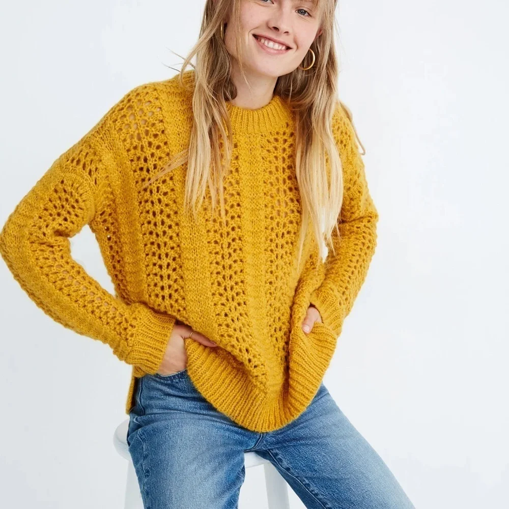 Madewell Windemere Pointelle Pullover Sweater Fuzzy Alpaca Blend -XS